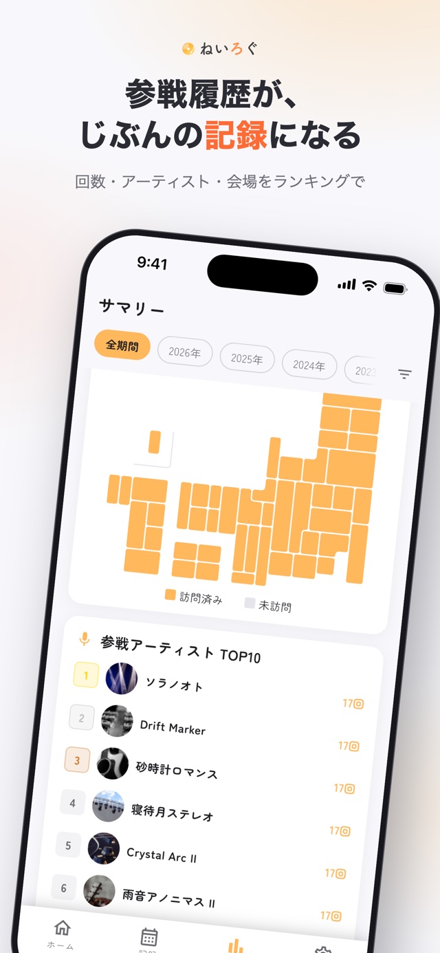 参戦履歴が、じぶんの記録になる。回数・アーティスト・会場のランキング